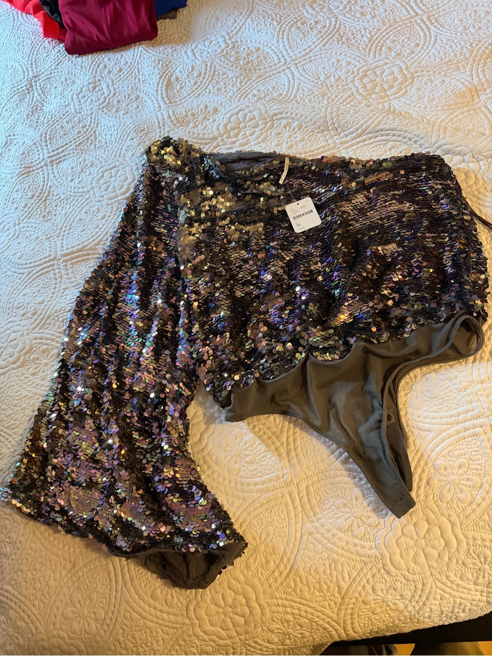 Free People One-Shoulder Sequin Bodysuit in Black and Iridescent